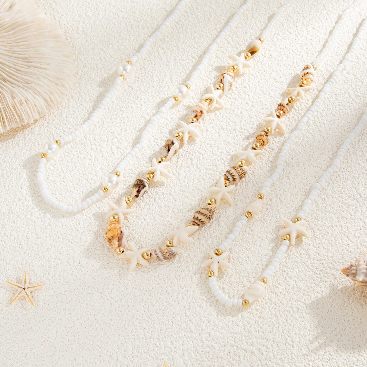Bohemia 3pcs Pearl Conch Starfish Seed Beaded Waist Chain Set - ArtGalleryZen