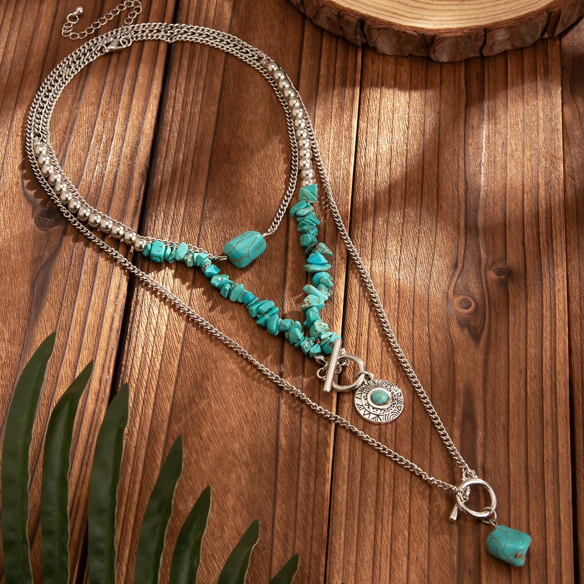 Bohemia 3pcs Toggle Clasp Turquoise Round Disc Pendant Necklace Set - ArtGalleryZen