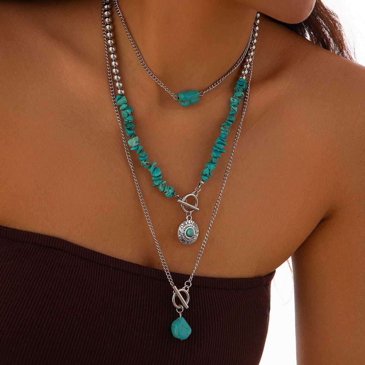 Bohemia 3pcs Toggle Clasp Turquoise Round Disc Pendant Necklace Set - ArtGalleryZen