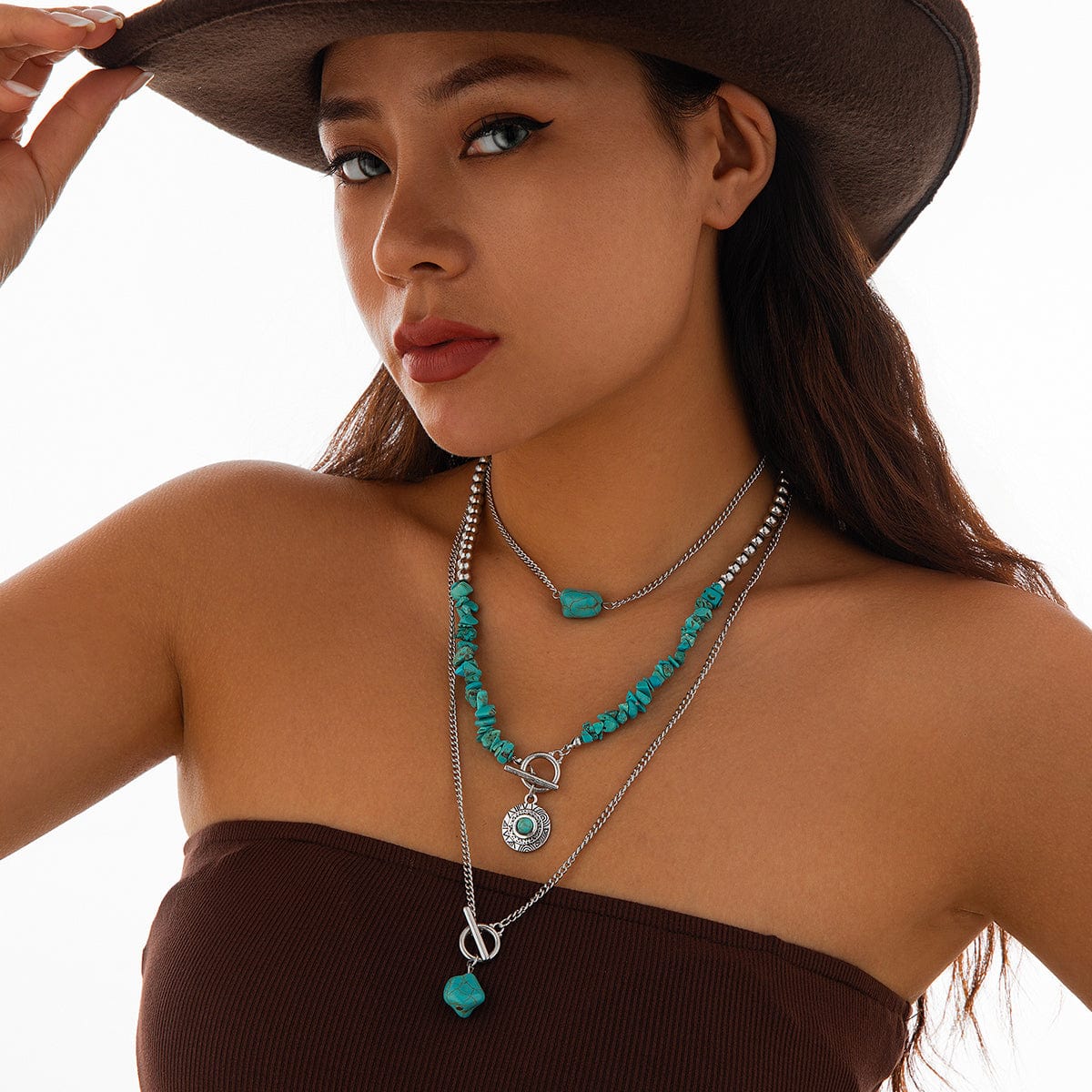Bohemia 3pcs Toggle Clasp Turquoise Round Disc Pendant Necklace Set - ArtGalleryZen