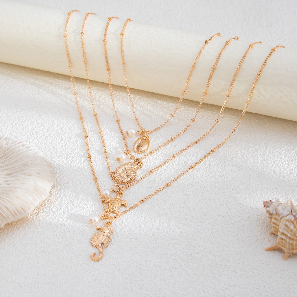 Bohemia 4pcs Conch Turtle Seahorse Pearl Tassel Saturn Chain Necklace Set - ArtGalleryZen