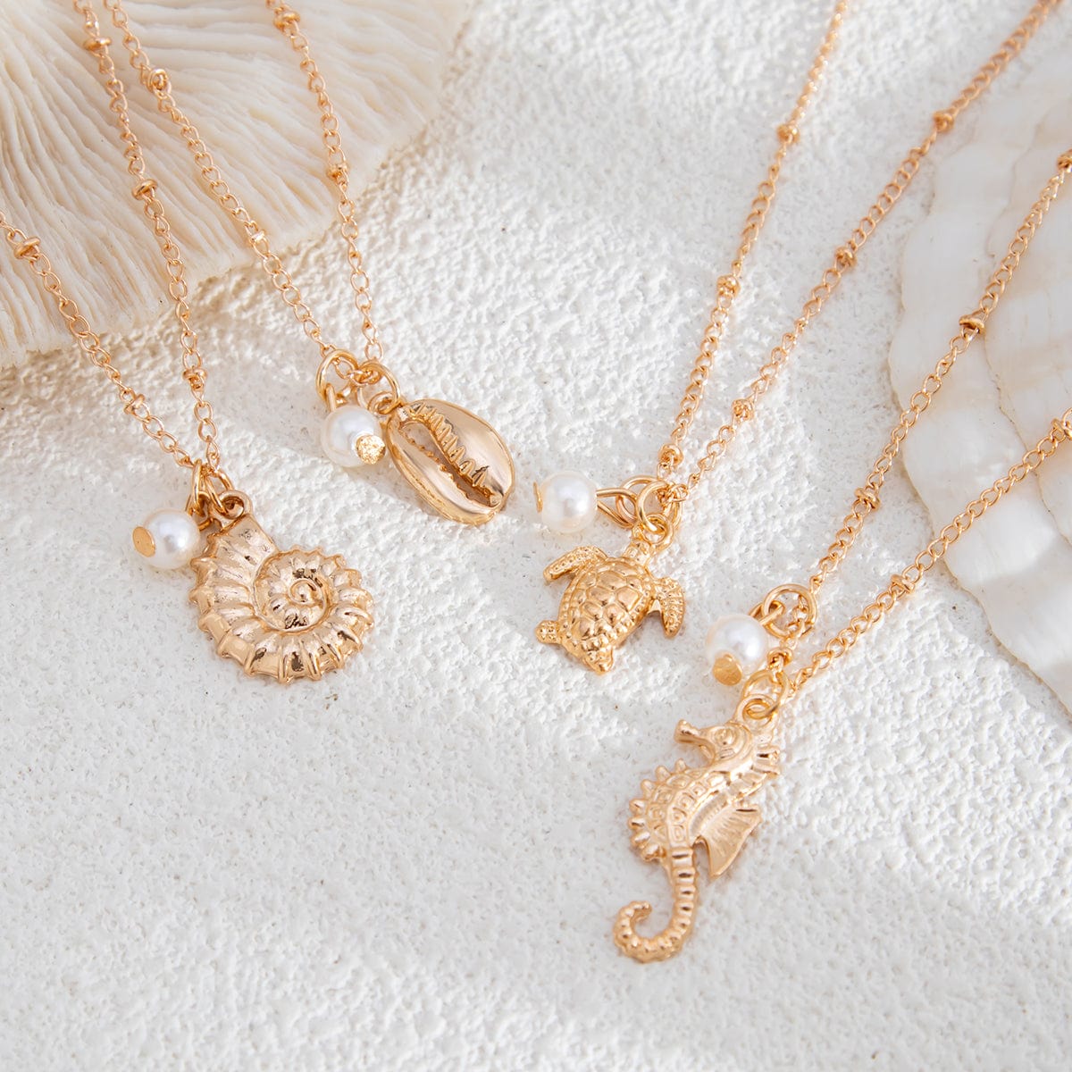 Bohemia 4pcs Conch Turtle Seahorse Pearl Tassel Saturn Chain Necklace Set - ArtGalleryZen