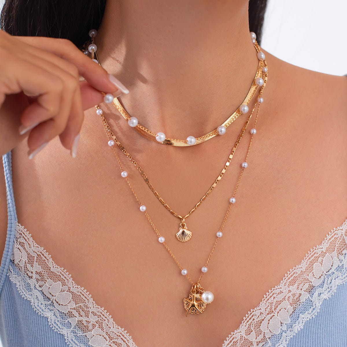 Bohemia 4pcs Shell Starfish Charm Pearl Snake Chain Necklace Set - ArtGalleryZen