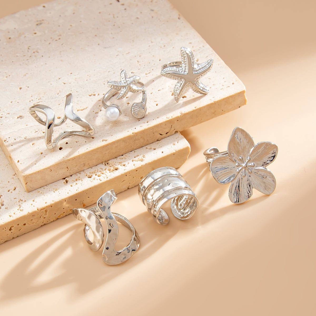 Bohemia 6pcs Flower Starfish Pearl Irregular Curved Ring Set - ArtGalleryZen