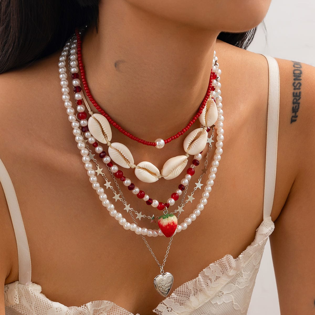 Bohemia 6pcs Strawberry Heart Pendant Pearl Conch Seed Bead Chain Necklace Set - ArtGalleryZen