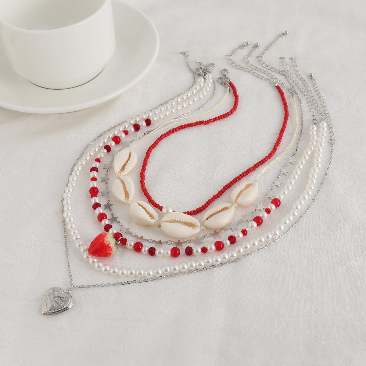 Bohemia 6pcs Strawberry Heart Pendant Pearl Conch Seed Bead Chain Necklace Set - ArtGalleryZen