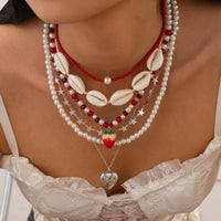 Thumbnail for Bohemia 6pcs Strawberry Heart Pendant Pearl Conch Seed Bead Chain Necklace Set - ArtGalleryZen