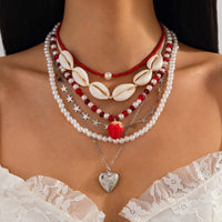 Thumbnail for Bohemia 6pcs Strawberry Heart Pendant Pearl Conch Seed Bead Chain Necklace Set - ArtGalleryZen