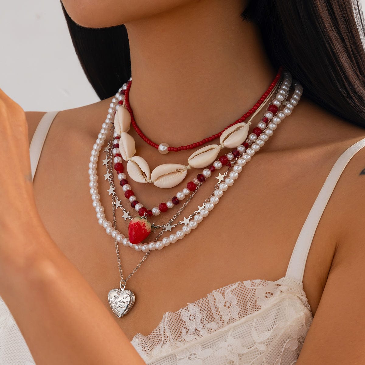 Bohemia 6pcs Strawberry Heart Pendant Pearl Conch Seed Bead Chain Necklace Set - ArtGalleryZen