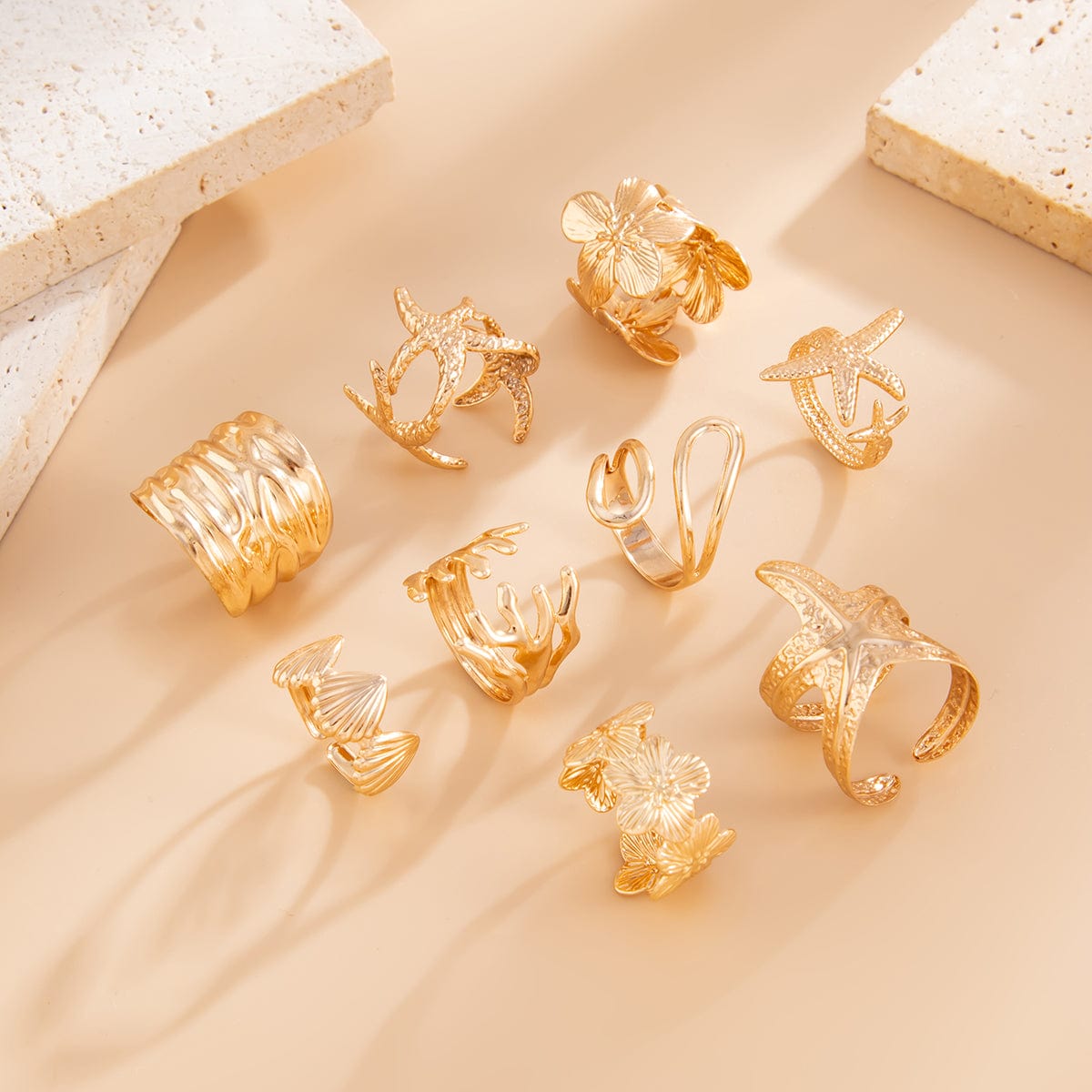 Bohemia 9pcs Chunky Flower Starfish Shell Hollow Ring Set - ArtGalleryZen