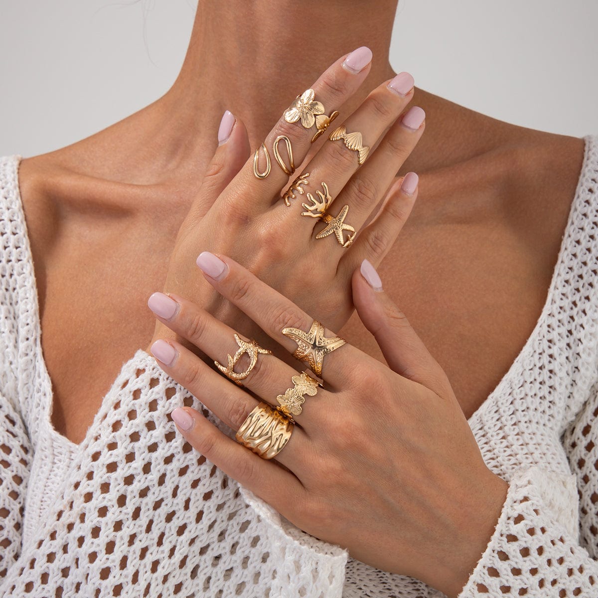 Bohemia 9pcs Chunky Flower Starfish Shell Hollow Ring Set - ArtGalleryZen