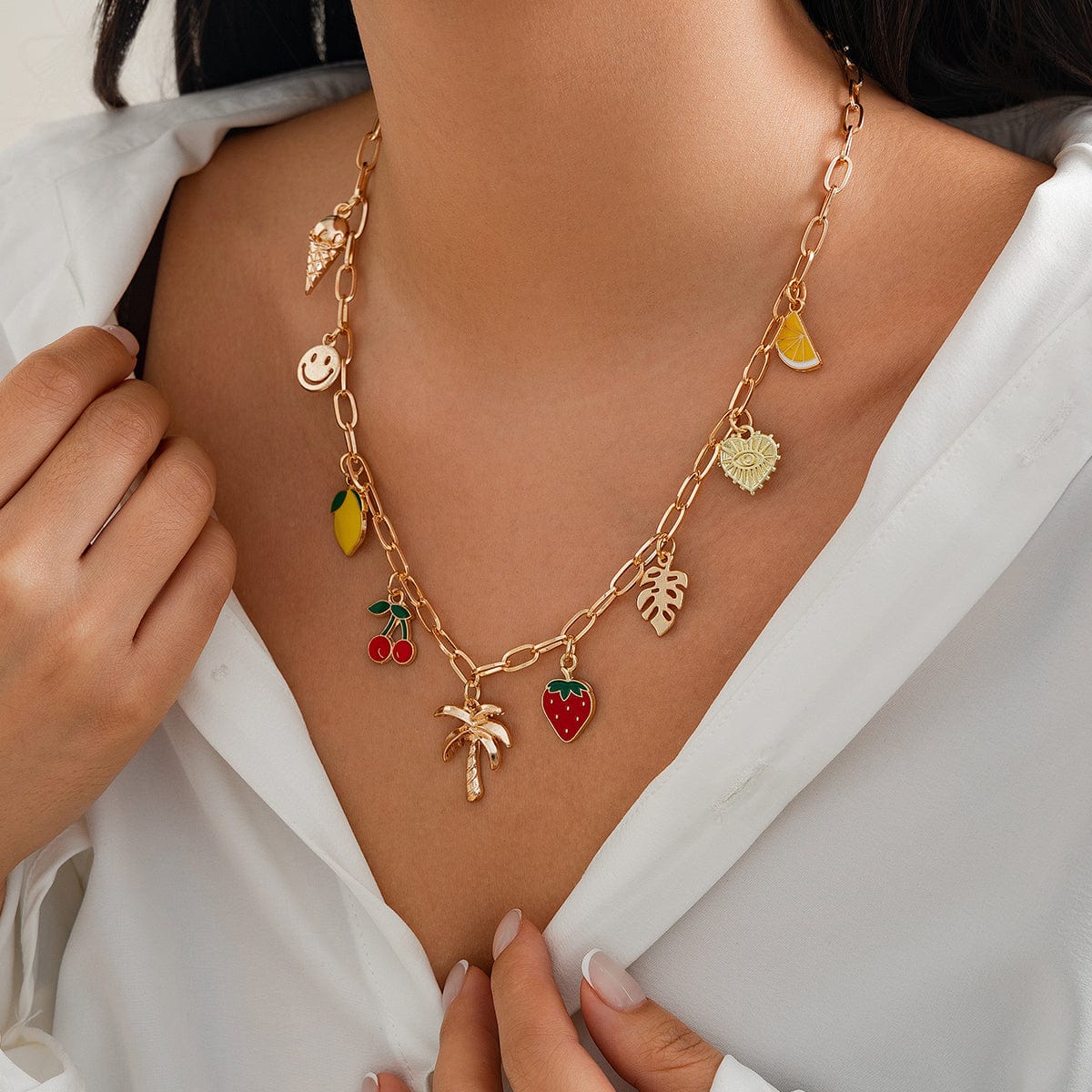 Bohemia Enamel Fruit Coconut Tree Heart Charm Necklace - ArtGalleryZen