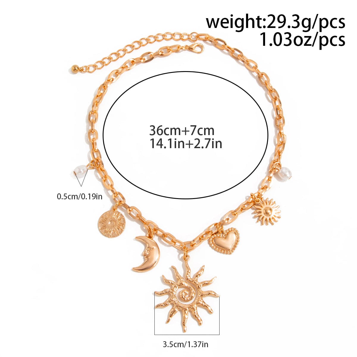 Bohemia Gold Tone Sun Moon Heart Pearl Pendant Necklace - ArtGalleryZen