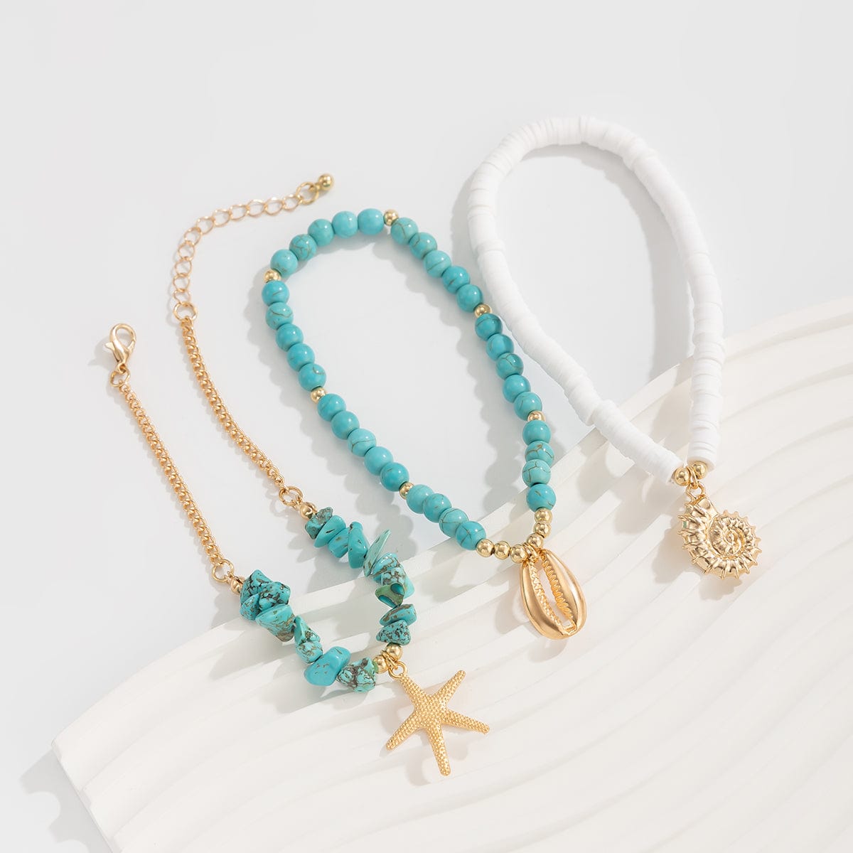 Bohemia Layered Conch Shell Starfish Charm Turquoise Anklet Set - ArtGalleryZen