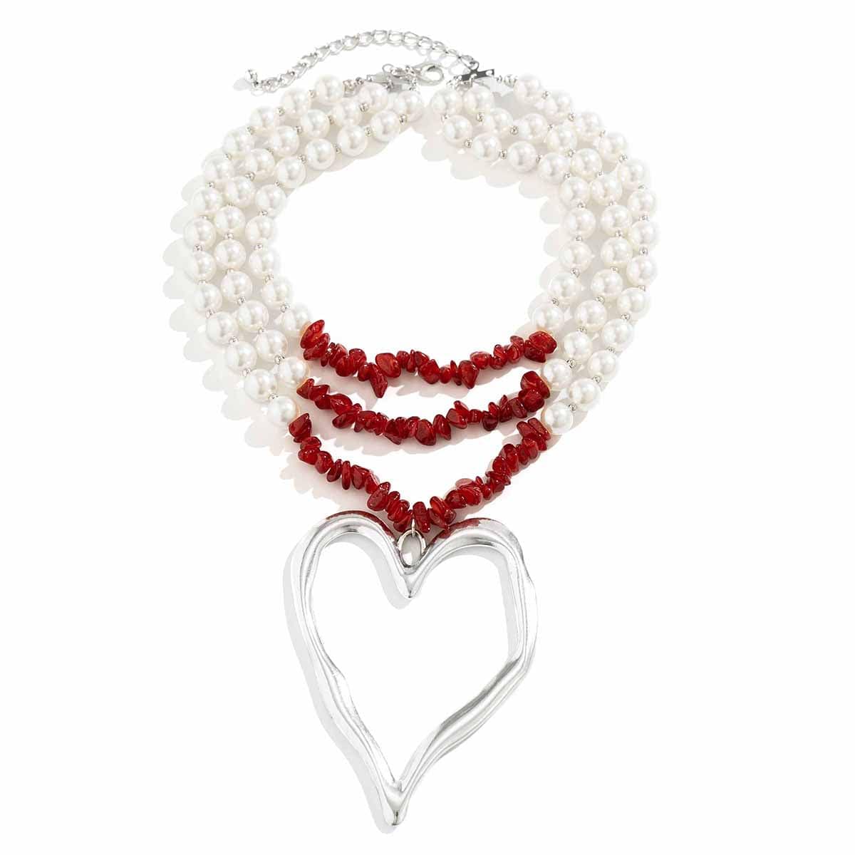 Bohemia Layered Turquoise Pearl Chain Heart Pendant Choker Necklace - ArtGalleryZen