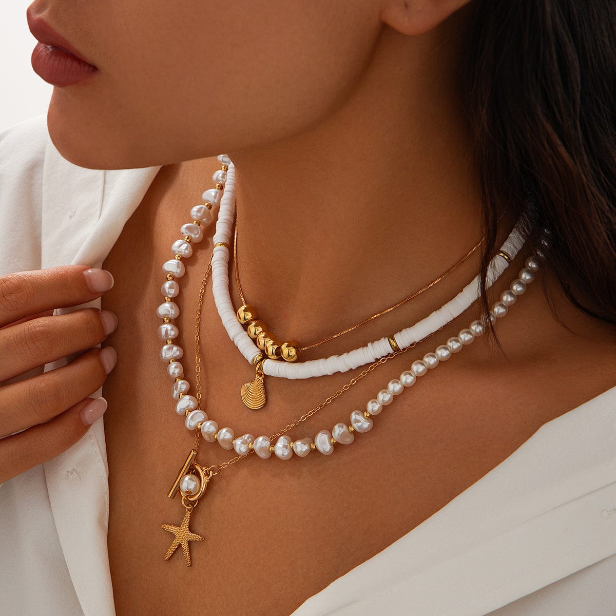 Bohemia Layered Shell Starfish Pendant Pearl Chain Necklace Set - ArtGalleryZen