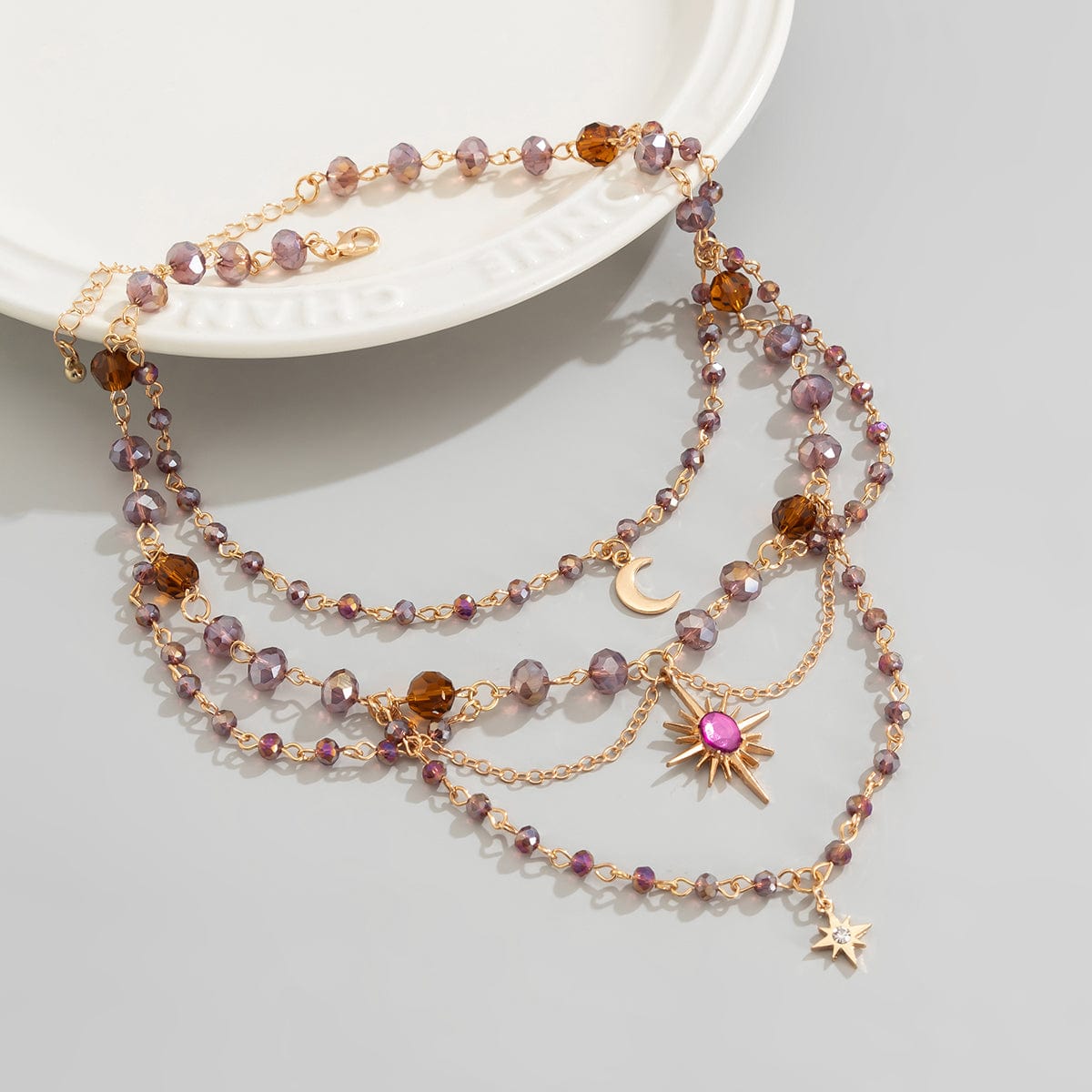 Bohemia Layered Sun Moon Star Pendant Crystal Chain Necklace - ArtGalleryZen