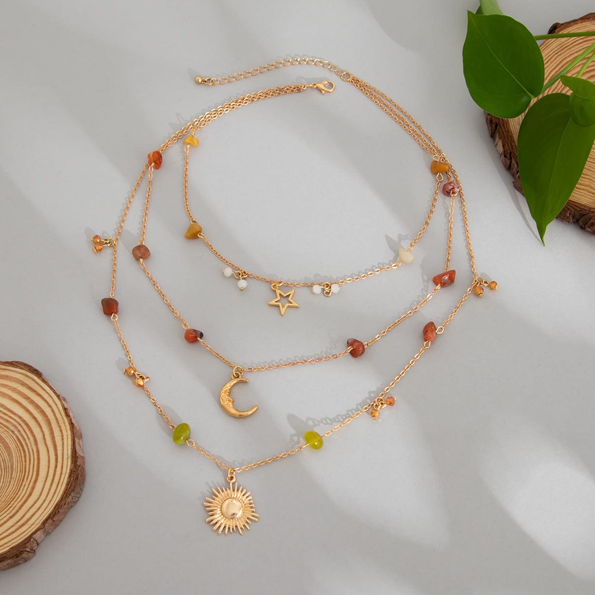 Bohemia Layered Sun Moon Star Pendant Crystal Stone Chain Necklace - ArtGalleryZen