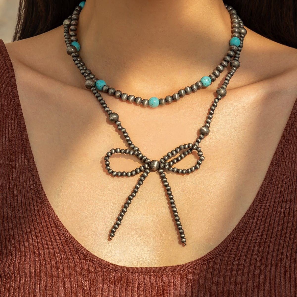 Bohemia Layered Turquoise Beaded Bowknot Necklace Set - ArtGalleryZen