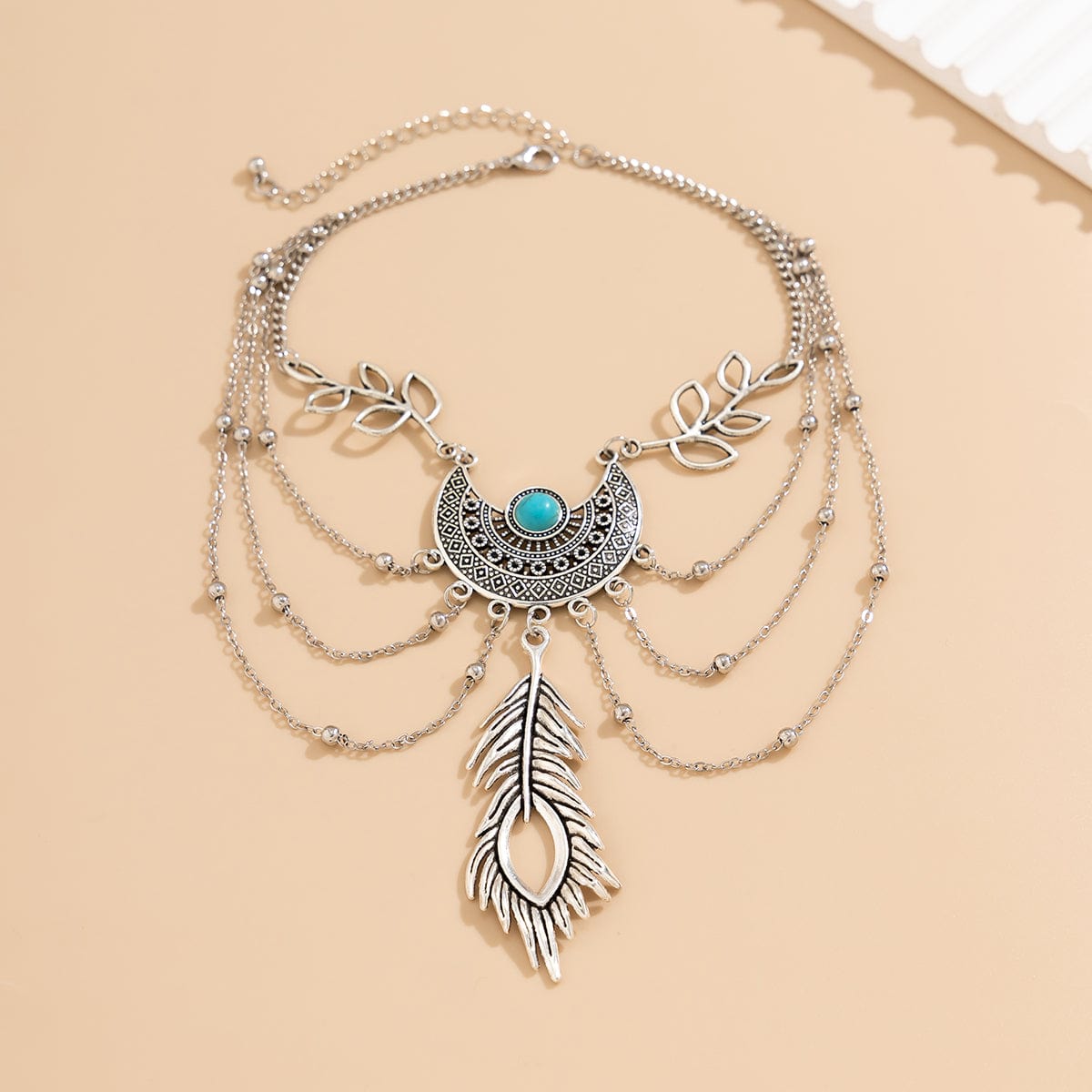 Bohemia Layered Turquoise Inlaid Feather Pendant Arm Chain - ArtGalleryZen