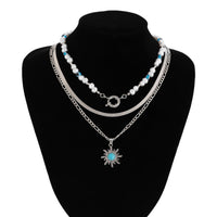 Thumbnail for Bohemia Turquoise Inlaid Sun Pendant Evil Eye Pearl Chain Necklace Set - ArtGalleryZen