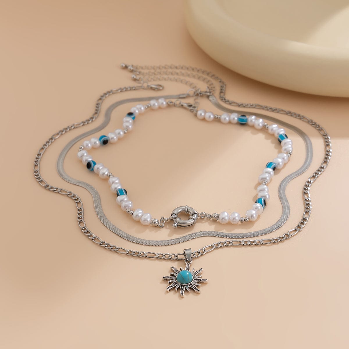 Bohemia Turquoise Inlaid Sun Pendant Evil Eye Pearl Chain Necklace Set - ArtGalleryZen