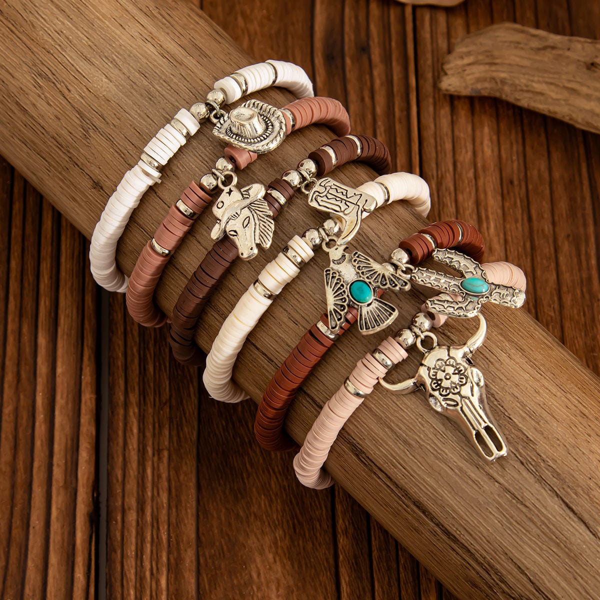 Bohemian 6pcs Cactus Cowboy Hat Charm Polymer Clay Beaded Bracelet Set - ArtGalleryZen