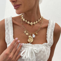 Thumbnail for Boho 2pcs Conch Shell Starfish Pearl Charm Square Choker Necklace Set - ArtGalleryZen