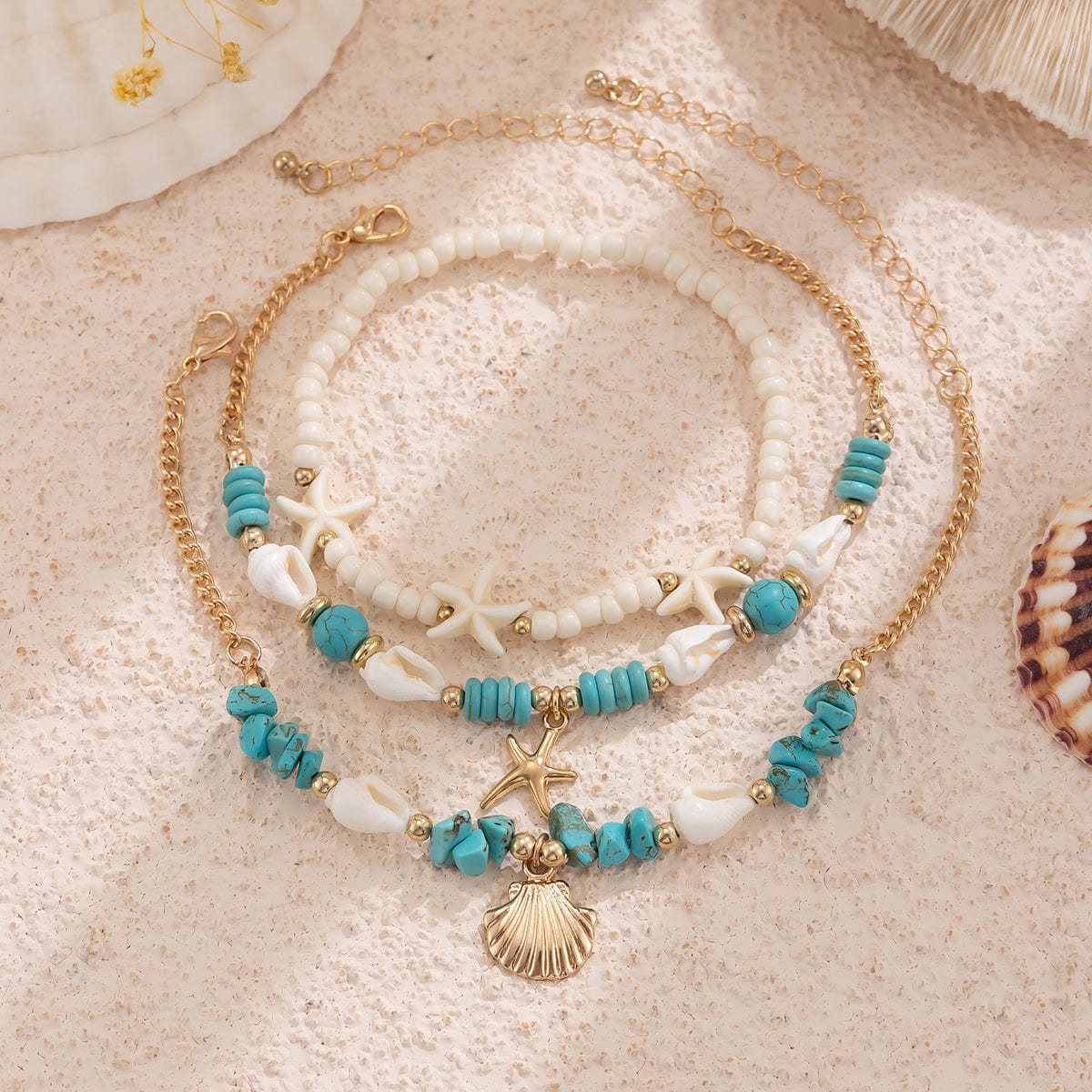 Boho 3Pcs Conch Shell Starfish Charm Turquoise Seed Bead Chain Anklet Set - ArtGalleryZen