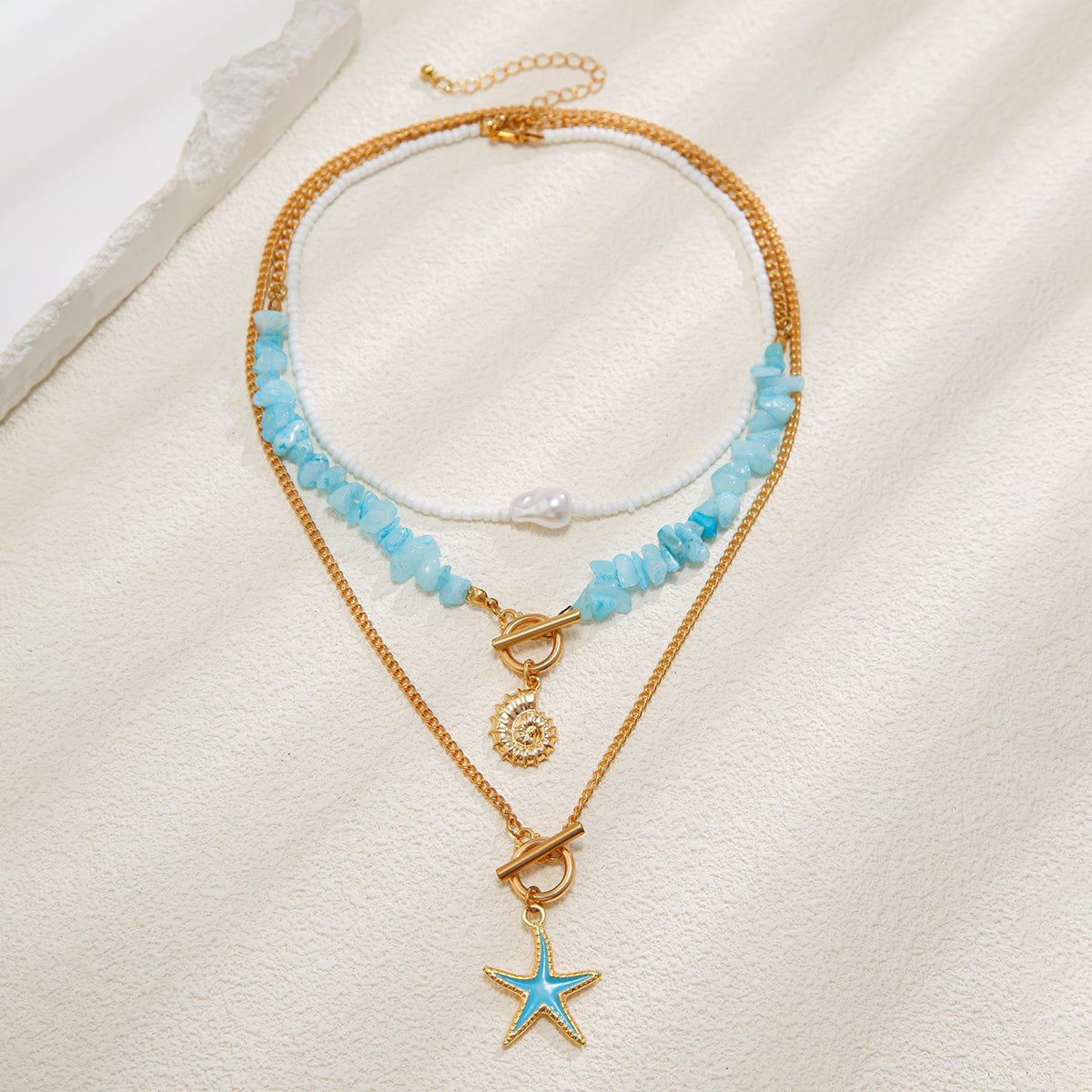 Boho 3Pcs Enamel Starfish Conch Pendant Turquoise Stone Chain Necklace Set - ArtGalleryZen