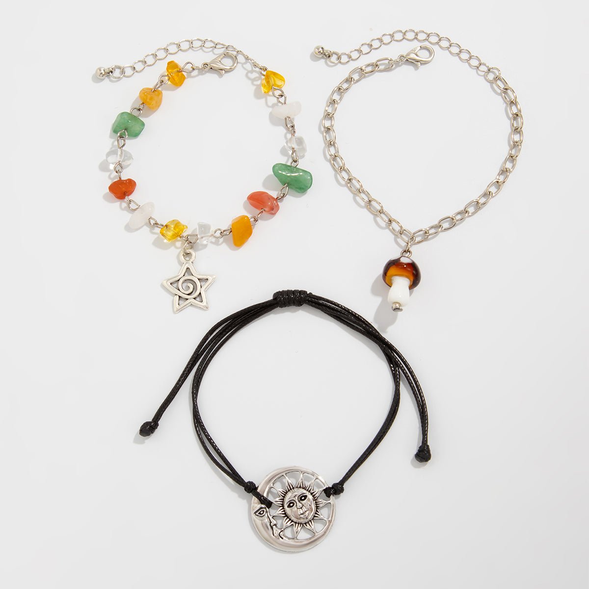 Boho 3pcs Mushroom Sun Moon Star Charm Turquoise Stone Bracelet Set - ArtGalleryZen
