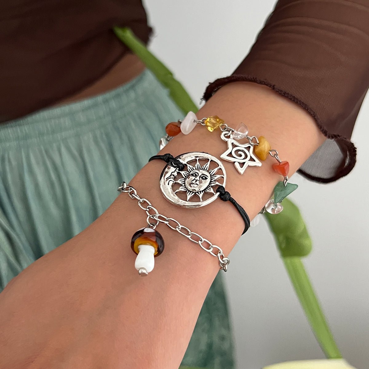 Boho 3pcs Mushroom Sun Moon Star Charm Turquoise Stone Bracelet Set - ArtGalleryZen