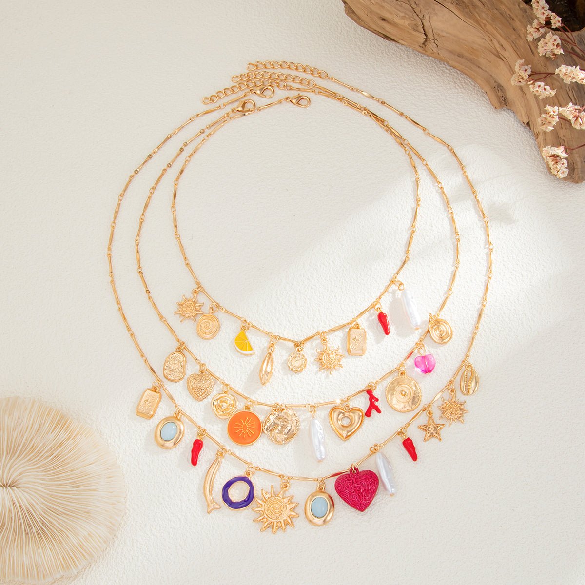 Boho 3pcs Pearl Enamel Heart Chili Sun Flower Pendant Necklace Set - ArtGalleryZen