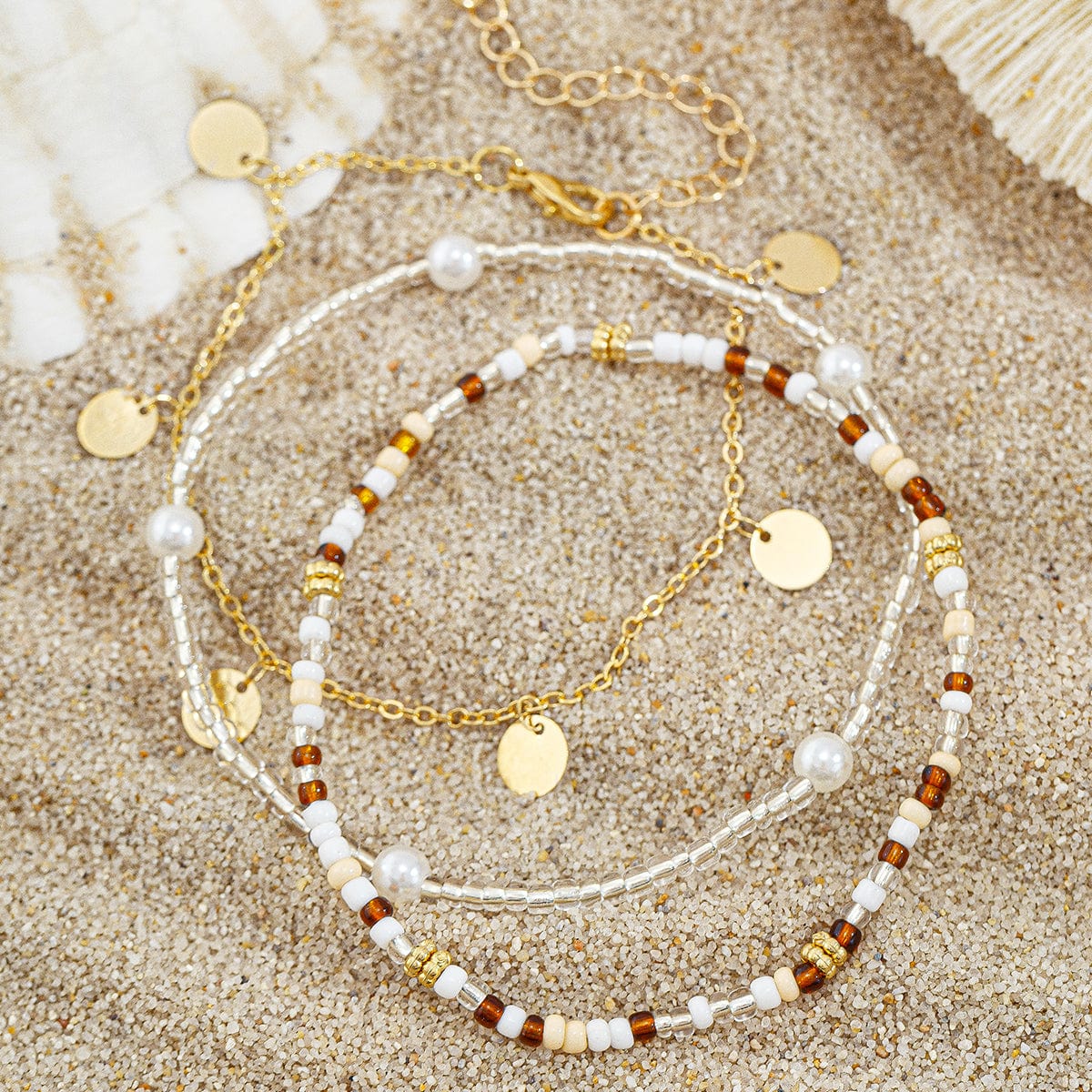 Boho 3Pcs Pearl Seed Beaded Sequin Tassel Anklet Set - ArtGalleryZen