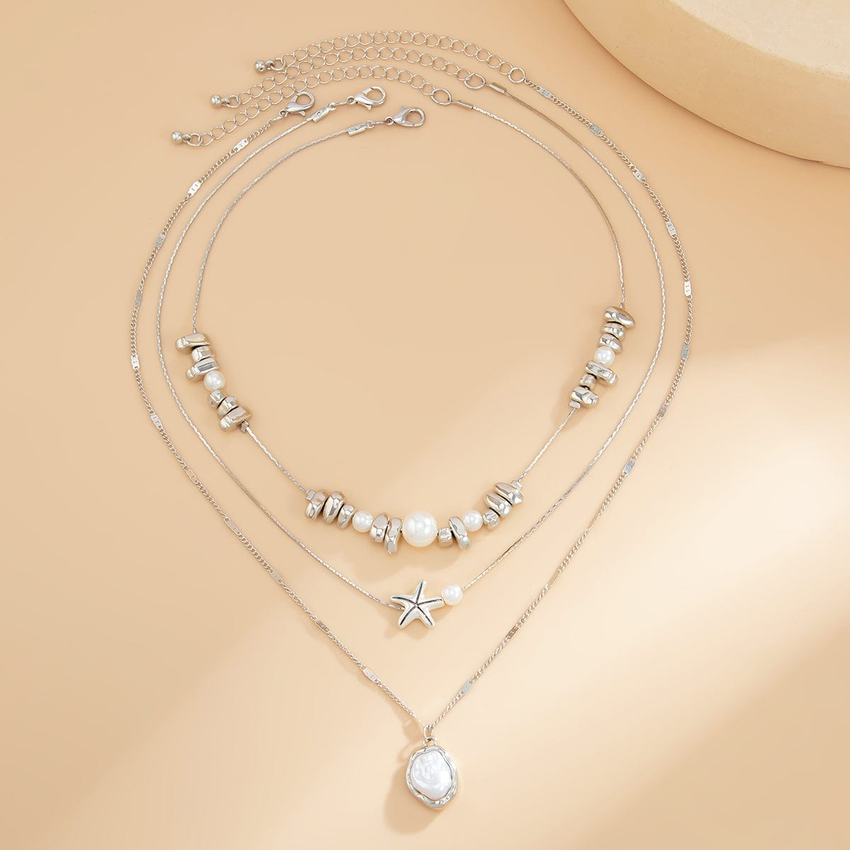 Boho 3pcs Pearl Starfish Pendant Irregular Beaded Necklace Set - ArtGalleryZen