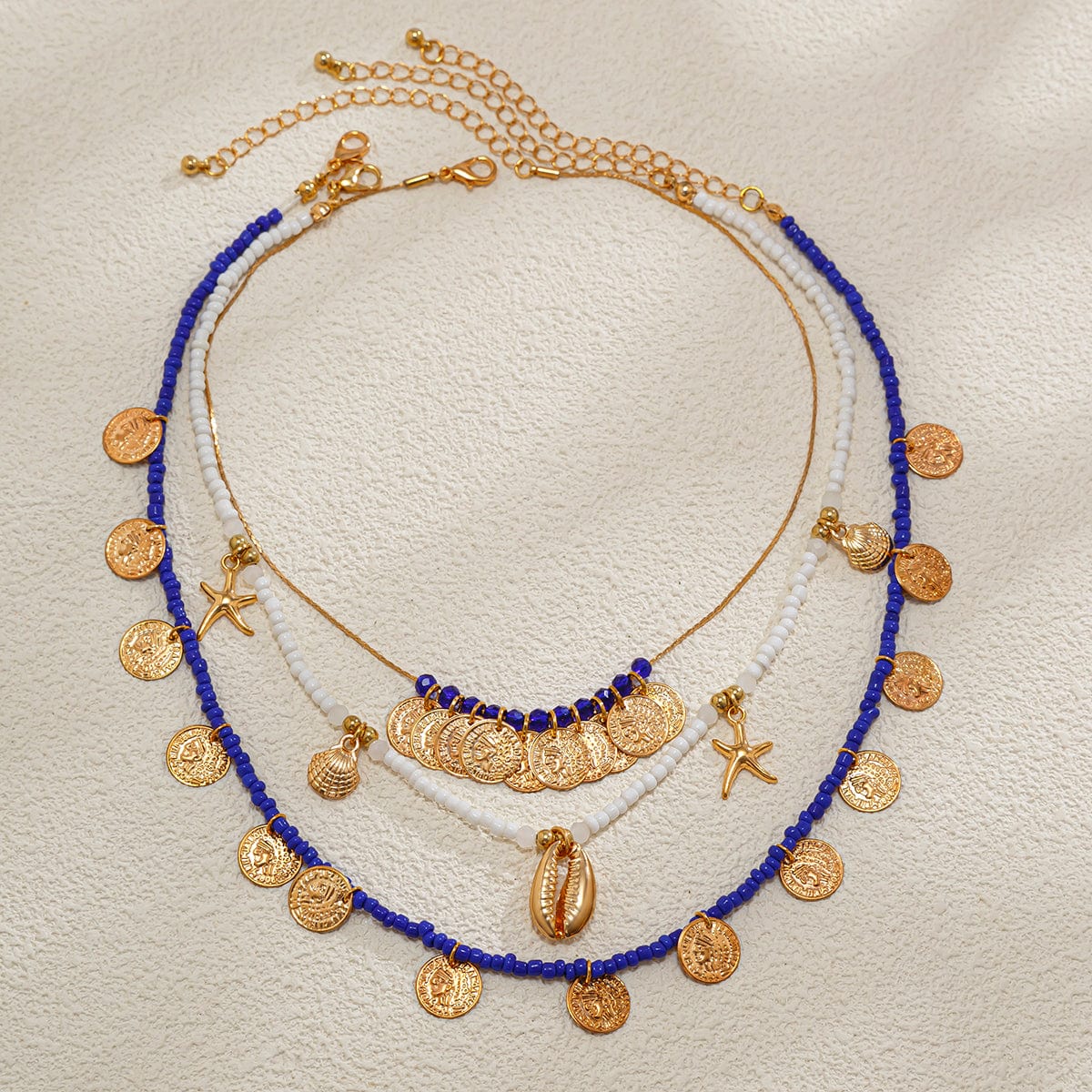 Boho 3Pcs Shell Starfish Pendant Relief Coin Tassel Seed Bead Necklace Set - ArtGalleryZen
