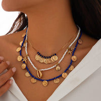 Thumbnail for Boho 3Pcs Shell Starfish Pendant Relief Coin Tassel Seed Bead Necklace Set - ArtGalleryZen