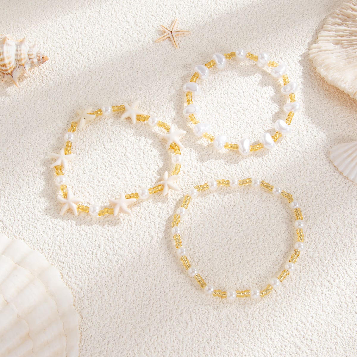 Boho 3pcs Starfish Pearl Seed Beaded Bracelet Set - ArtGalleryZen