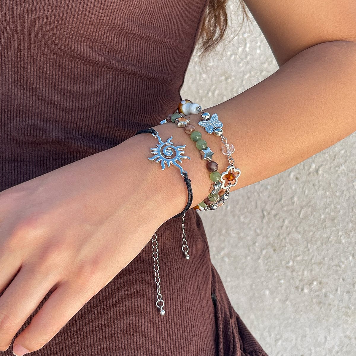 Boho 3Pcs Sun Butterfly Mushroom Charm Crystal Star Chain Bracelet Set - ArtGalleryZen