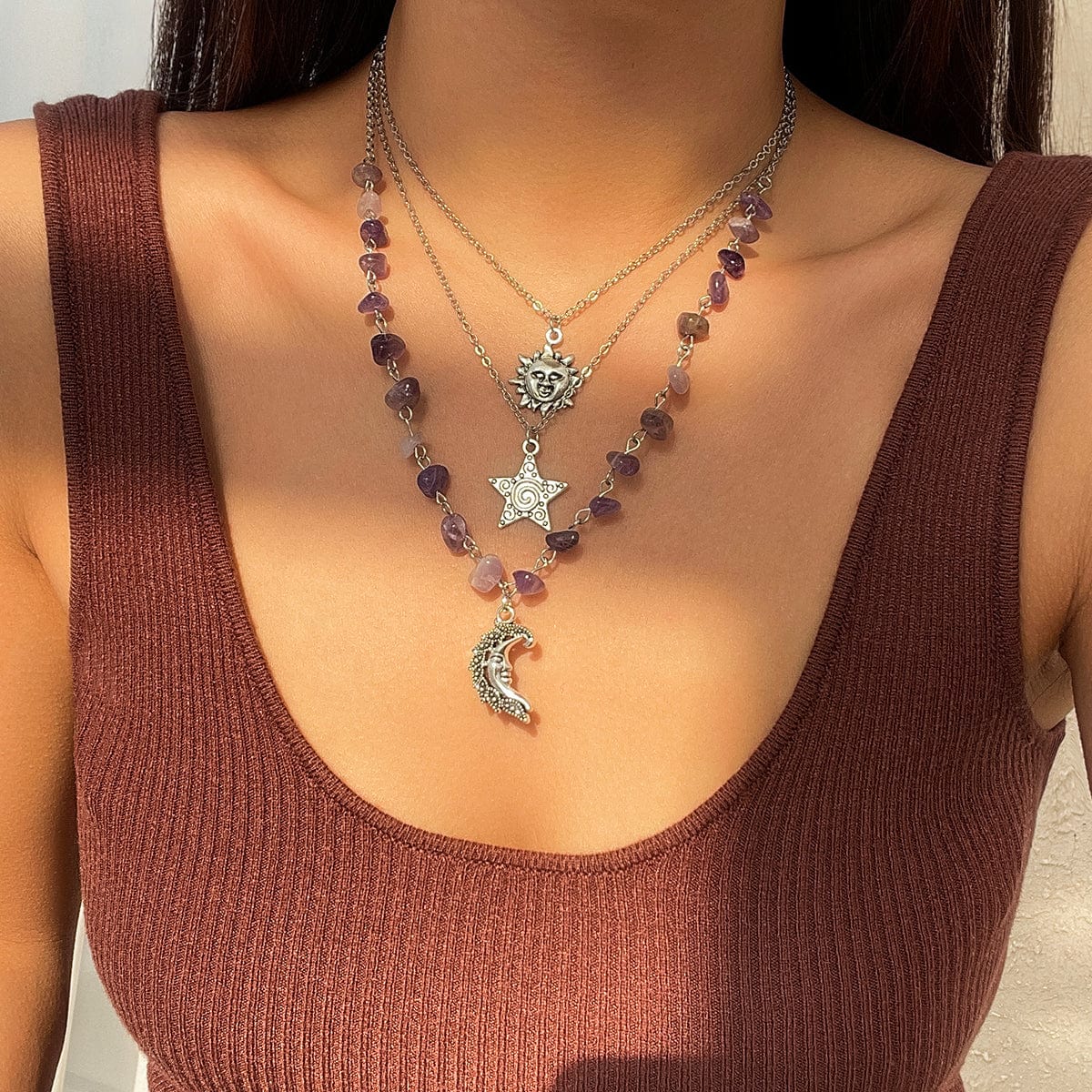 Boho 3Pcs Sun Moon Star Pendant Colorful Turquoise Stone Necklace Set - ArtGalleryZen