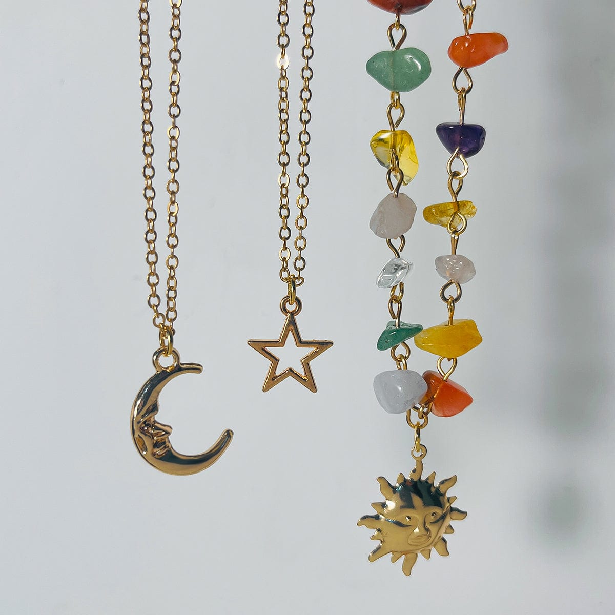 Boho 3Pcs Sun Moon Star Pendant Colorful Turquoise Stone Necklace Set - ArtGalleryZen