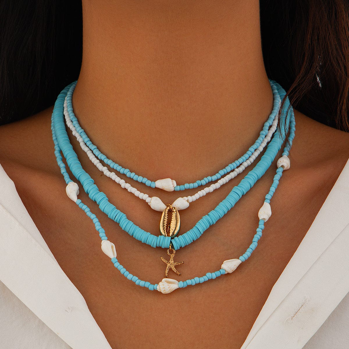 Boho 4Pcs Conch Starfish Pendant Polymer Clay Seed Bead Necklace Set - ArtGalleryZen
