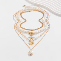 Thumbnail for Boho 4Pcs Crystal Inlaid Starfish Conch Pendant Pearl Chain Necklace Set - ArtGalleryZen