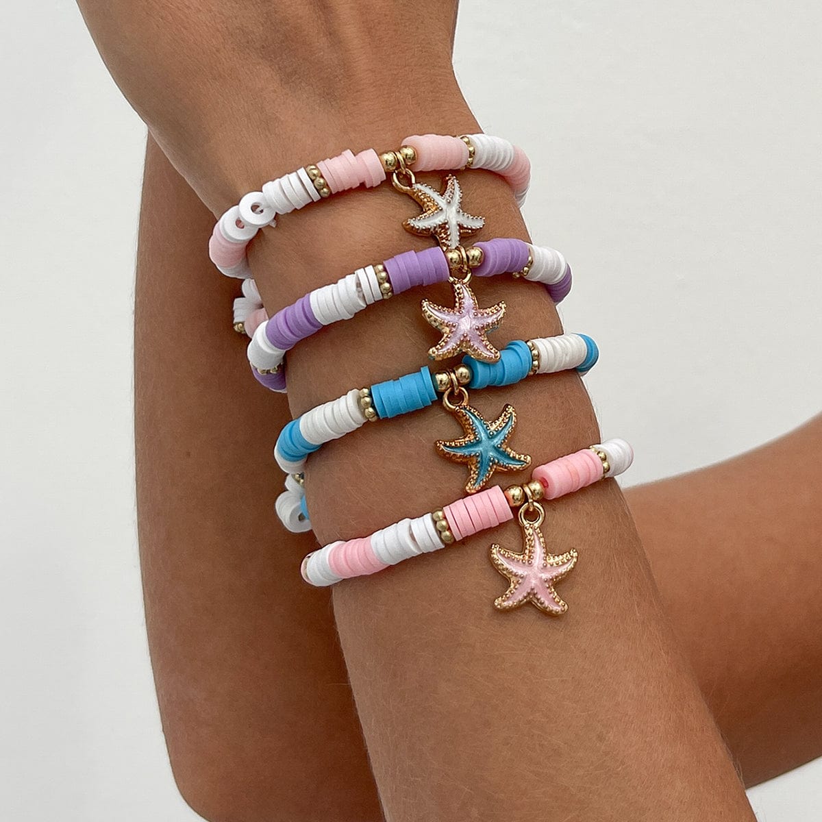 Boho 4pcs Enamel Starfish Charm Polymer Clay Beaded Bracelet Set - ArtGalleryZen