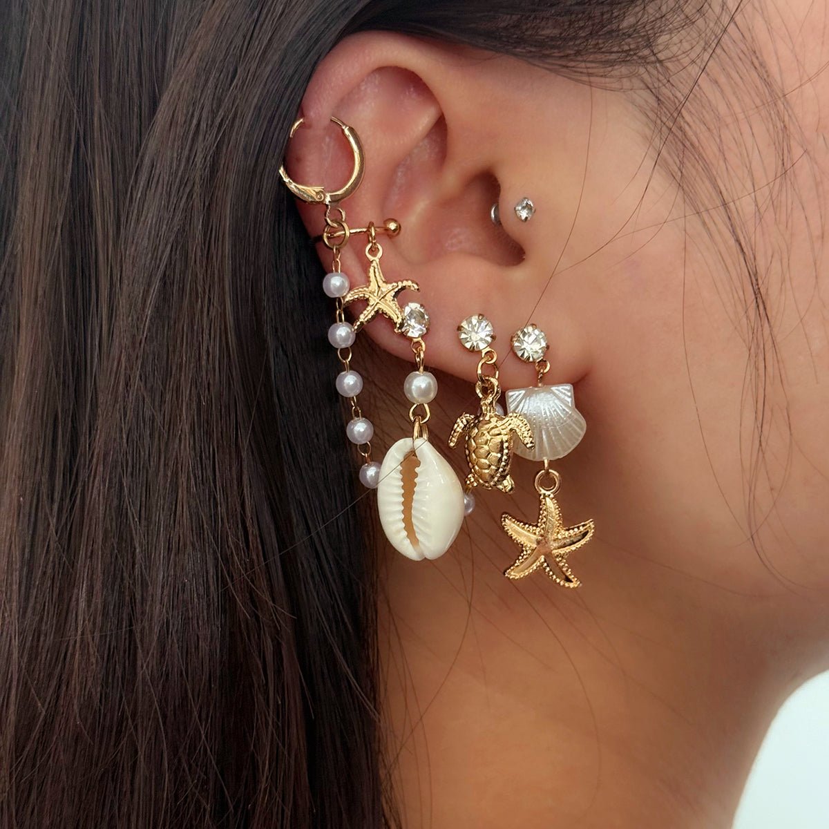 Boho 4pcs Pearl Conch Shell Starfish Turtle Dangle Earrings Set - ArtGalleryZen