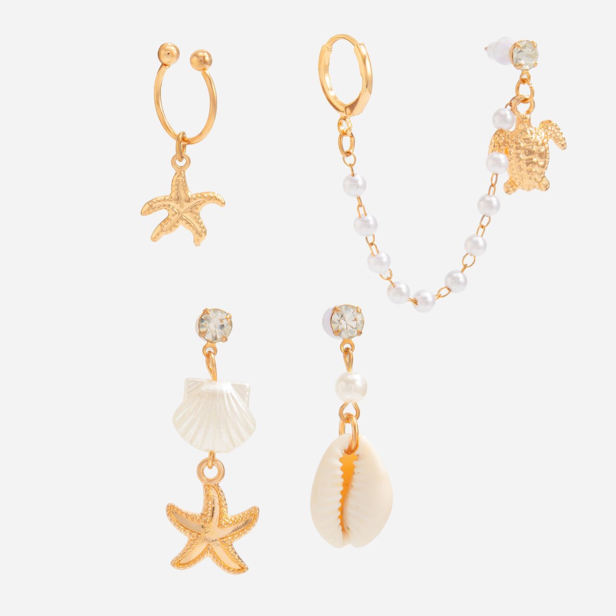 Boho 4pcs Pearl Conch Shell Starfish Turtle Dangle Earrings Set - ArtGalleryZen