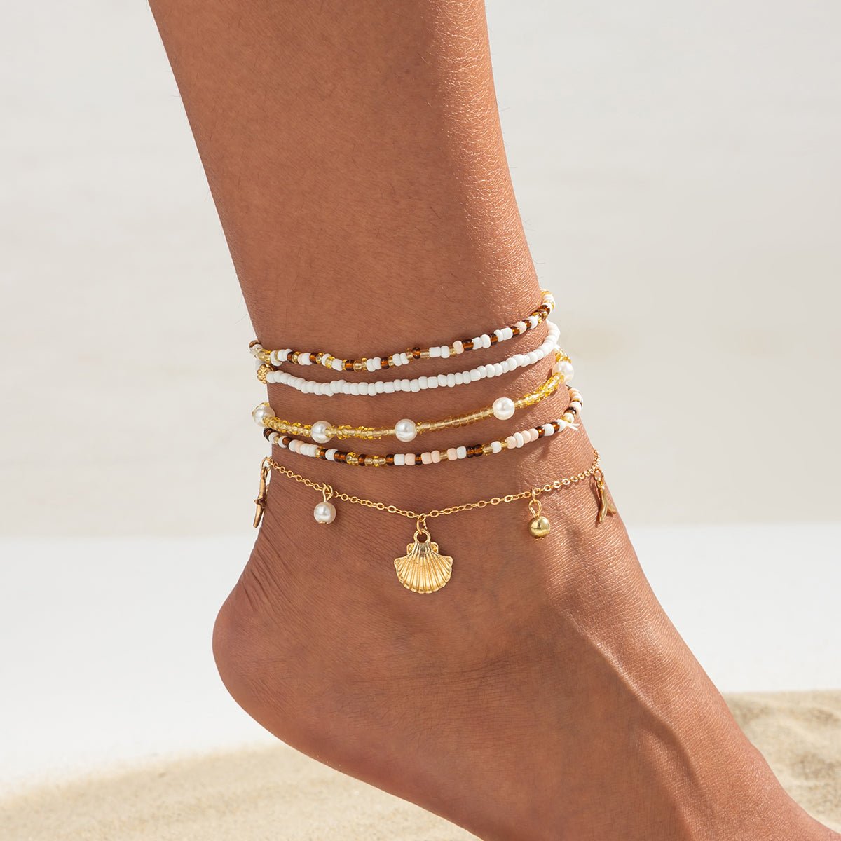 Boho 5pcs Shell Starfish Charm Pearl Seed Beaded Anklet Set - ArtGalleryZen