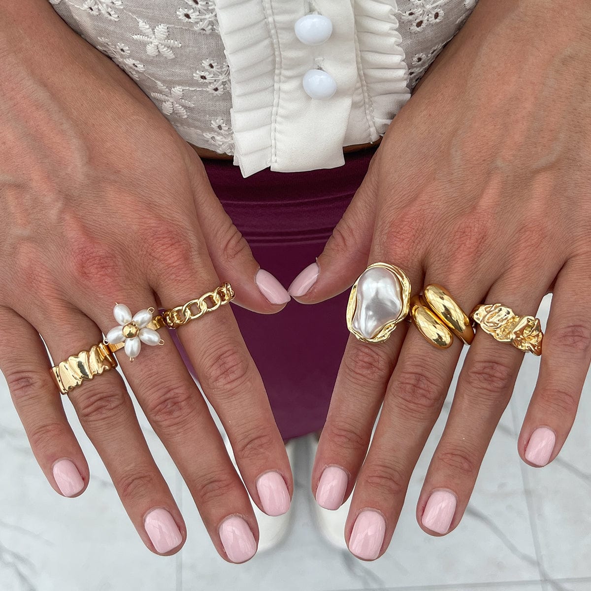 Boho 6pcs Pearl Flower Heart Pleated Ring Set - ArtGalleryZen