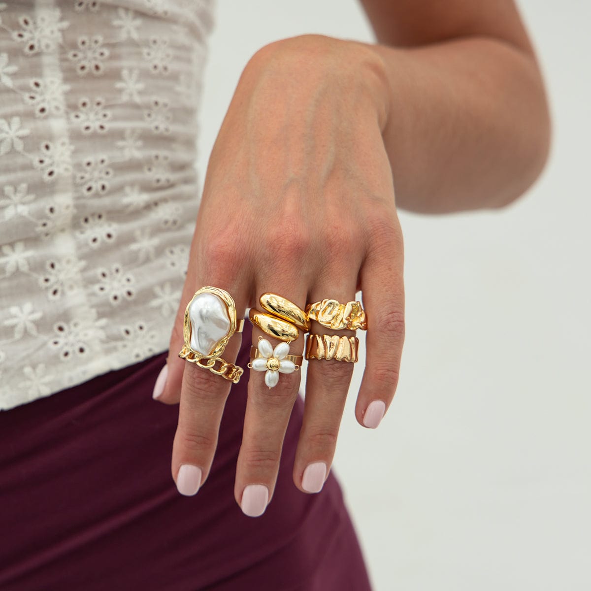 Boho 6pcs Pearl Flower Heart Pleated Ring Set - ArtGalleryZen