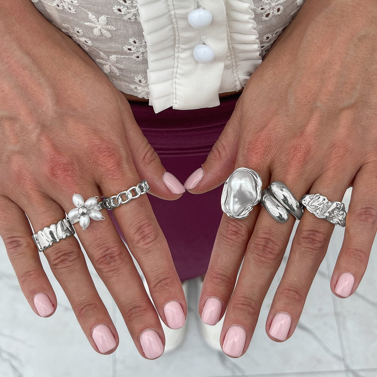 Boho 6pcs Pearl Flower Heart Pleated Ring Set - ArtGalleryZen